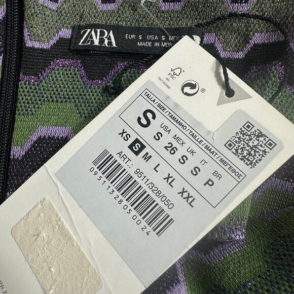 Zara Womens Dress Sz S Green Purple Metalic Geometric Striped Cutout Long Sleeve - Picture 9 of 12